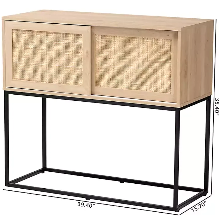 Kirklands Home Light Wood and Rat Sliding Door Cabinet Tan Clearance