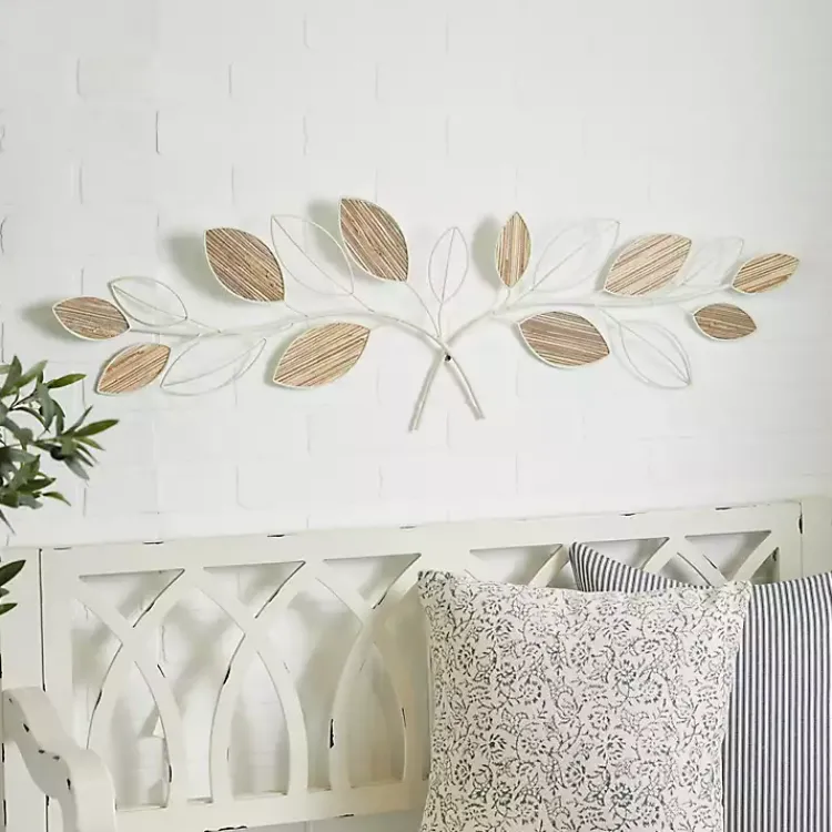 Kirklands Home Long White Metal and Reed Leaf Wall Plaque New