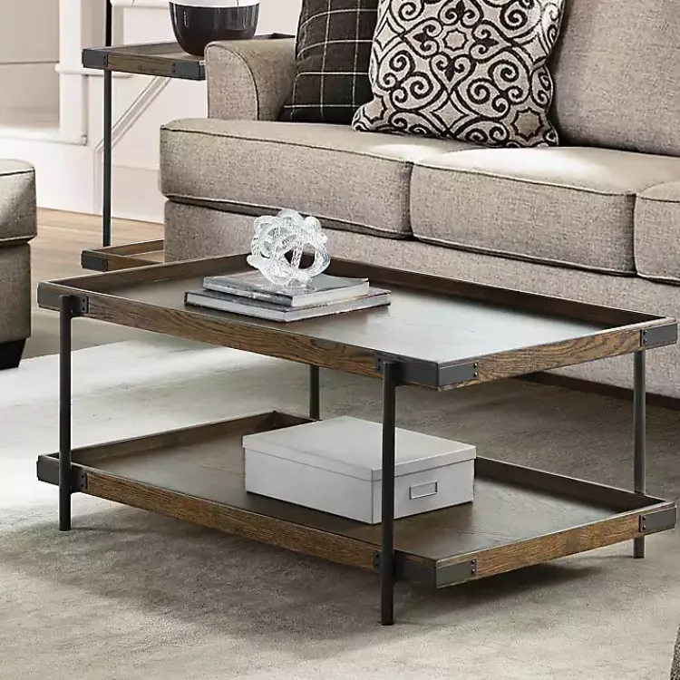 Kirklands Home Mahogany Oak Wood Tray Top Coffee Table Brown