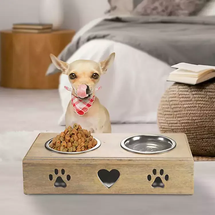 Kirklands Home Mango Wood Heart Cutout Dog Bowl Sale