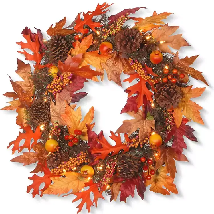 Wreaths>Kirklands Home Maple Berry Pinecone Pre-Lit Harvest Wreath