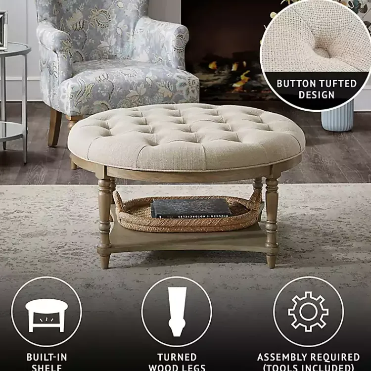 Kirklands Home Martha Stewart Round Cream Ottoman with Shelf Ivory Sale