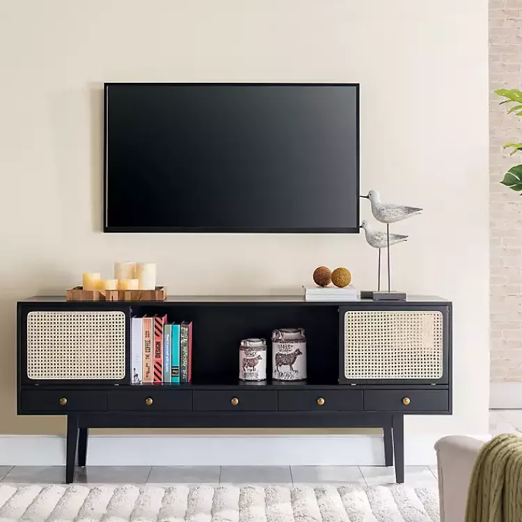 Kirklands Home Matilda Midcentury Woven Cane Media Cabinet Black Sale