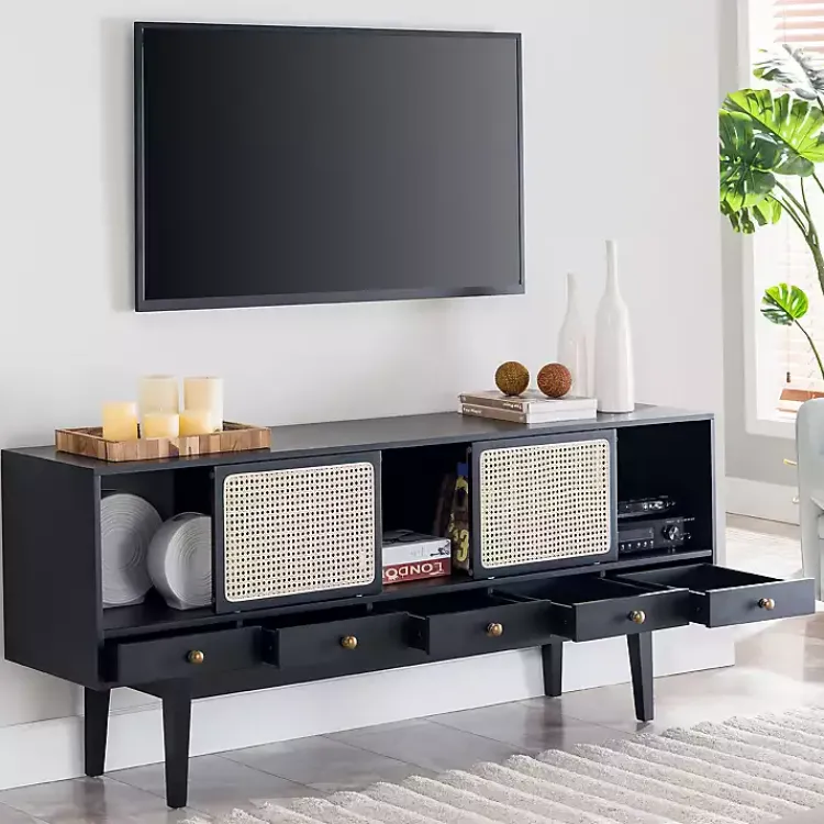 Kirklands Home Matilda Midcentury Woven Cane Media Cabinet Black Sale