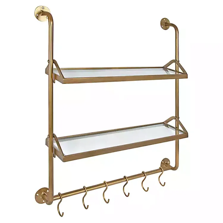 Kirklands Home Merit Gold Metal Wall Shelf with Hooks Clearance