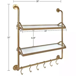 Kirklands Home Merit Gold Metal Wall Shelf with Hooks Clearance