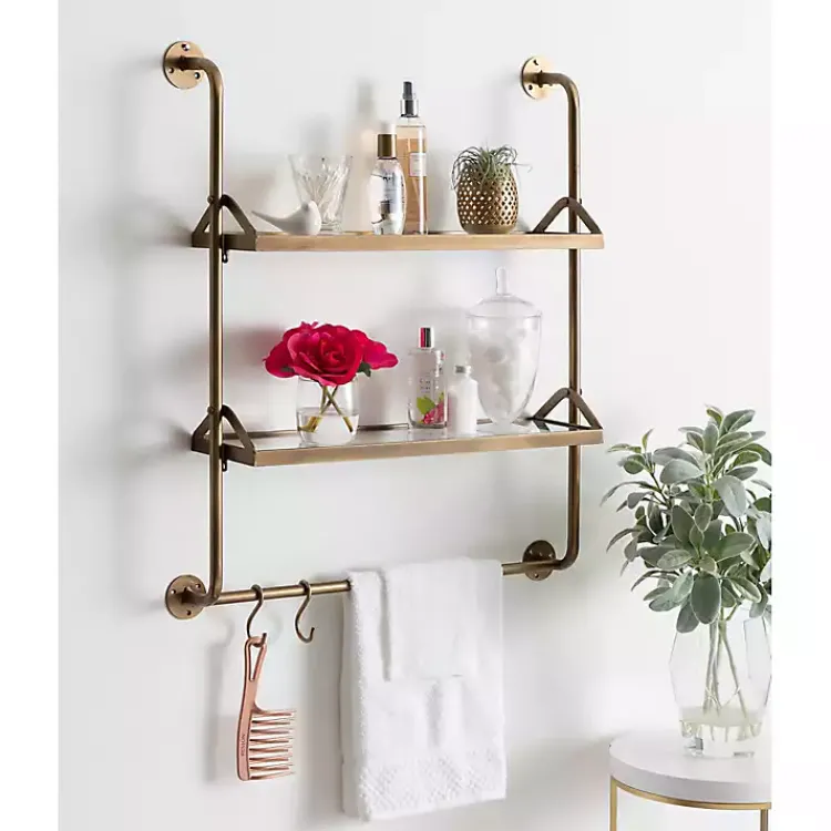 Kirklands Home Merit Gold Metal Wall Shelf with Hooks Clearance