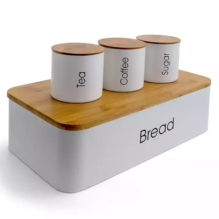 Kirklands Home Metal and Bamboo Coffee Themed 4-pc. Containers White