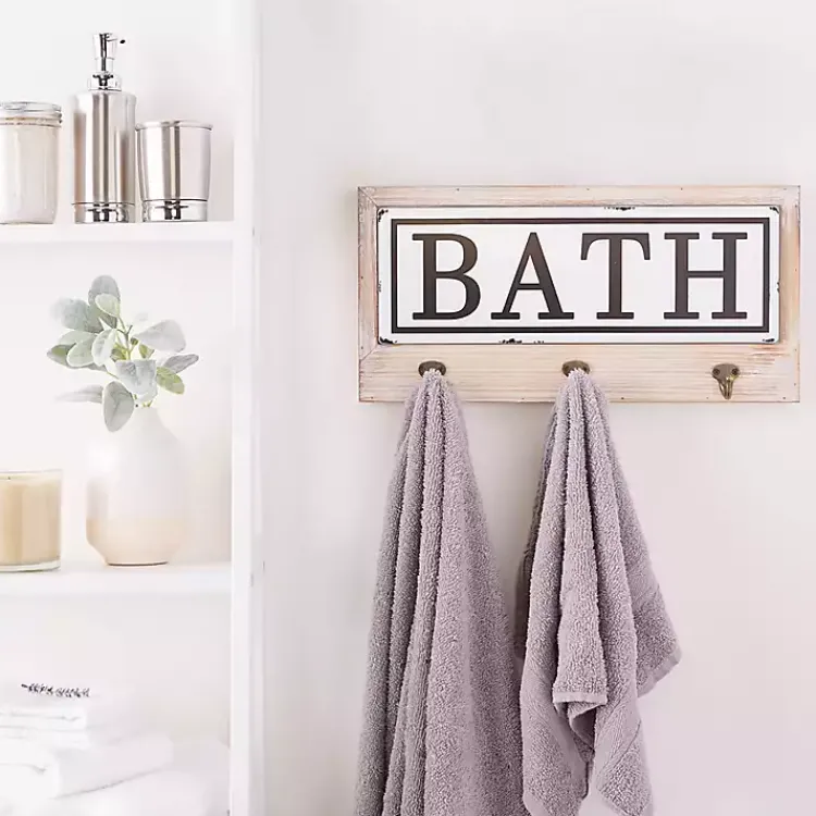 Kirklands Home Metal and Wood Bath Sign with Hooks Discount