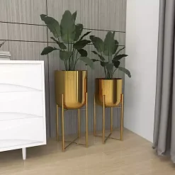 Kirklands Home Metallic Planters with Stands, Set of 2 Gold New