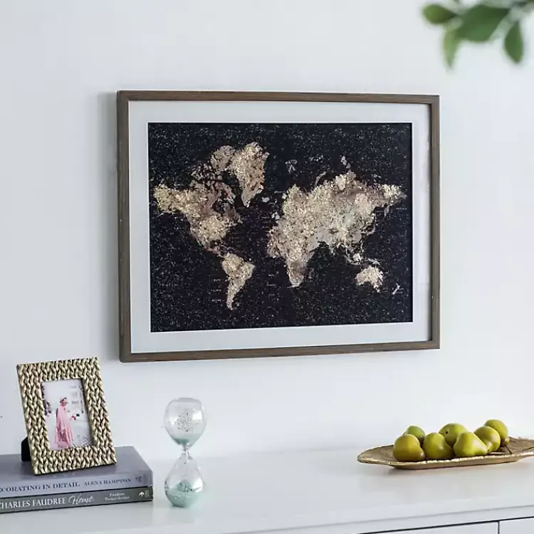 Kirklands Home Metallic Gold World Map Framed Art Print New