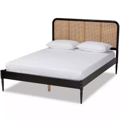 Kirklands Home Mid-Century Black Wood Rattan Queen Platform Bed Outlet