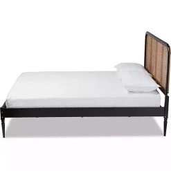 Kirklands Home Mid-Century Black Wood Rattan Queen Platform Bed Outlet
