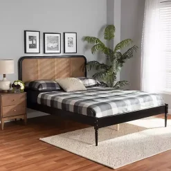Kirklands Home Mid-Century Black Wood Rattan Queen Platform Bed Outlet