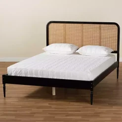 Kirklands Home Mid-Century Black Wood Rattan Queen Platform Bed Outlet