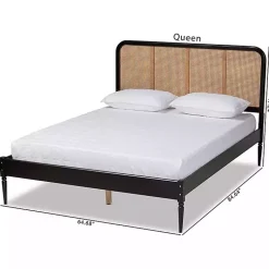 Kirklands Home Mid-Century Black Wood Rattan Queen Platform Bed Outlet