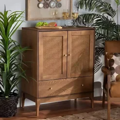 Kirklands Home Mid-Century Modern Rattan Walnut Cabinet Brown Best