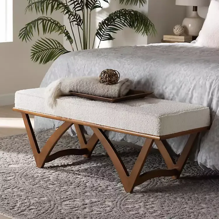 Kirklands Home Mid-Century Modern Boucle Angled Bench White