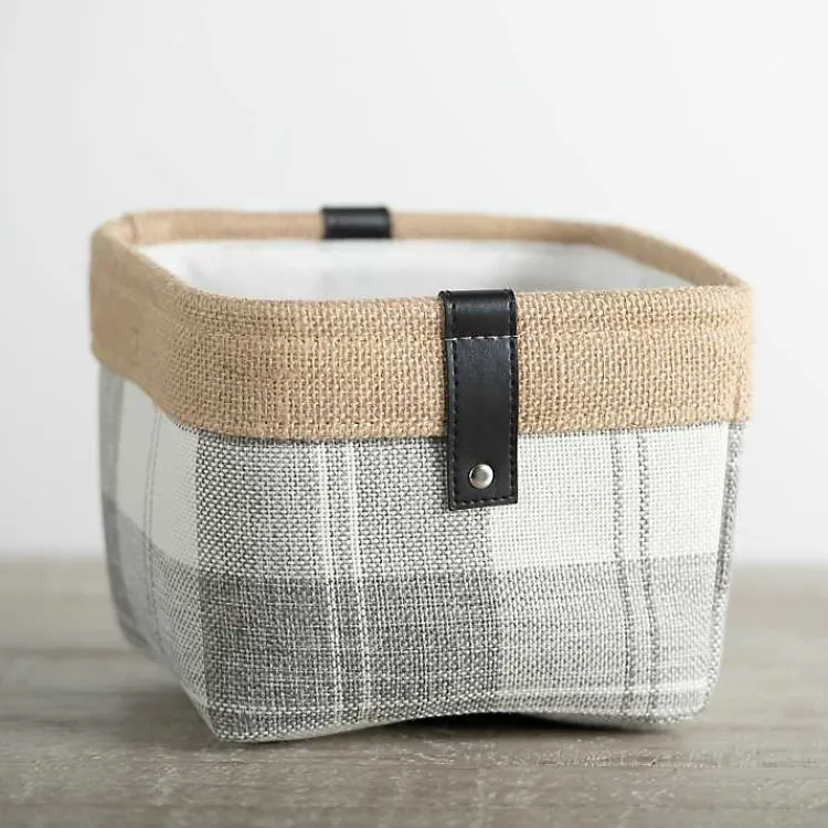 Baskets & Boxes>Kirklands Home Mini Gray Plaid Bin with Leather Accent