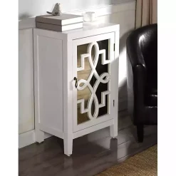 Kirklands Home Mirrored 1-Door Cabinet with Overlay Pattern White Outlet