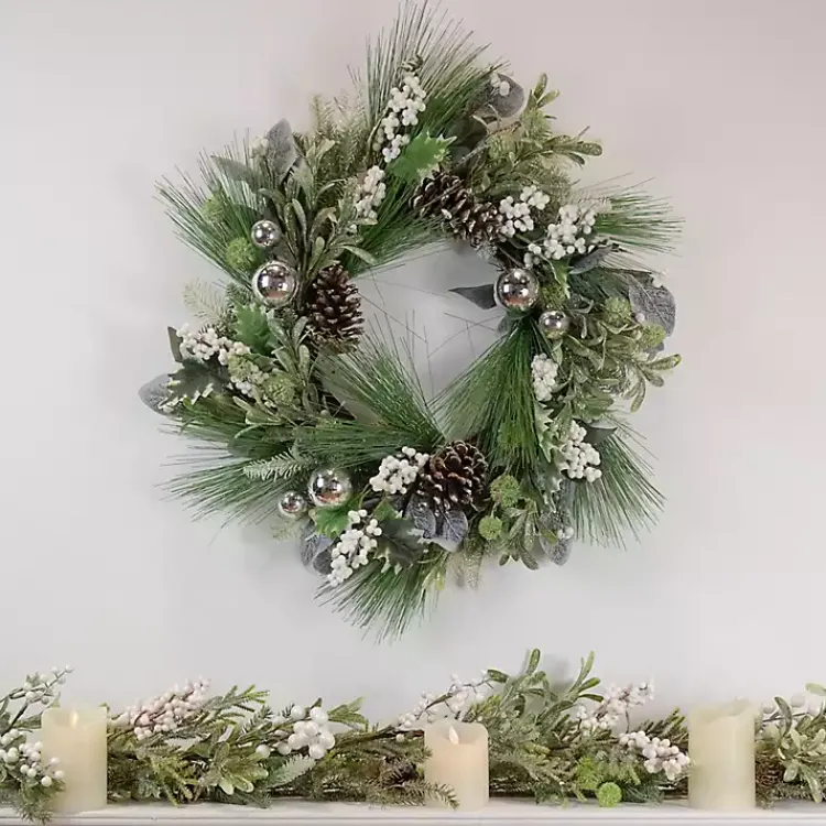 Christmas Wreaths>Kirklands Home Mixed Foliage and White Berry Wreath Green