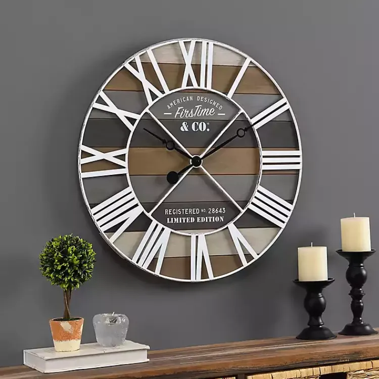 Kirklands Home Mixed Planks and White Wooden Wall Clock