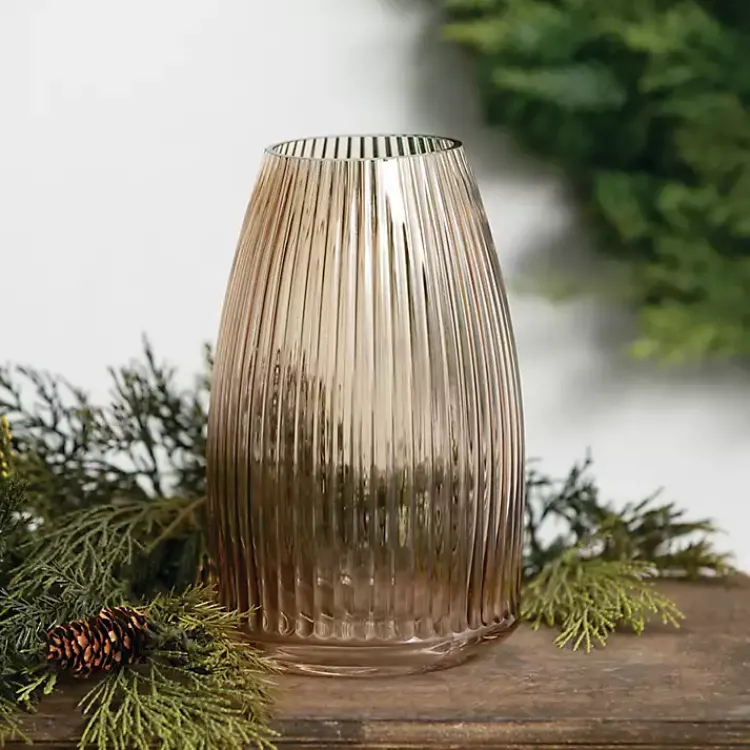 Vases>Kirklands Home Modern Amber Ribbed Glass Vase Brown