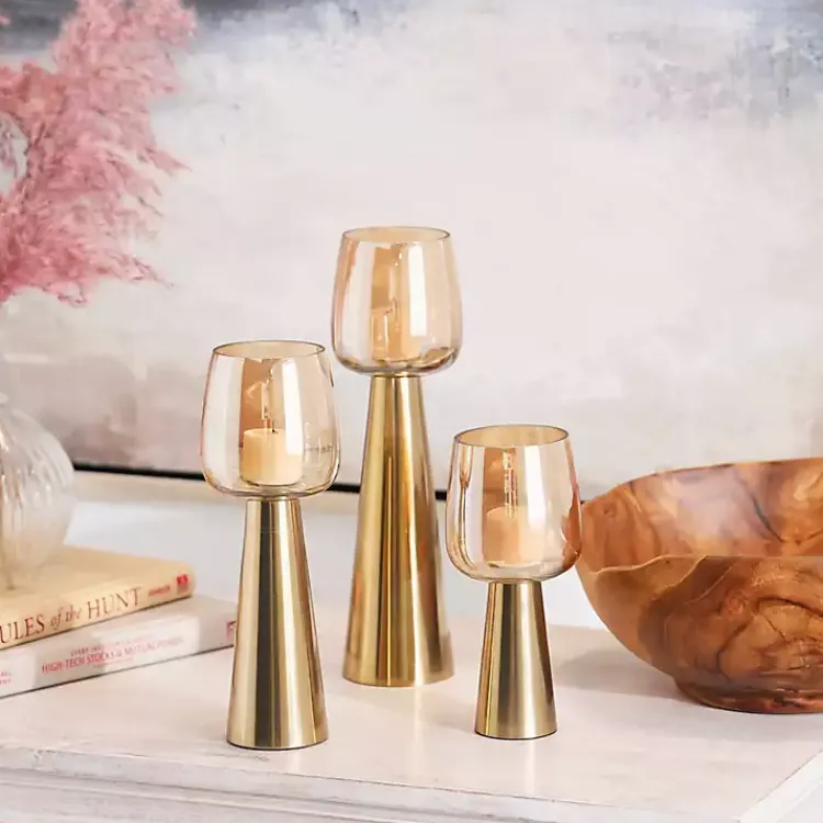 Candle Holders>Kirklands Home Modern Base Glass 3-pc. Candle Holder Set Gold