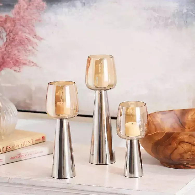 Candle Holders>Kirklands Home Modern Silver Base Glass 3-pc. Candle Holder Set