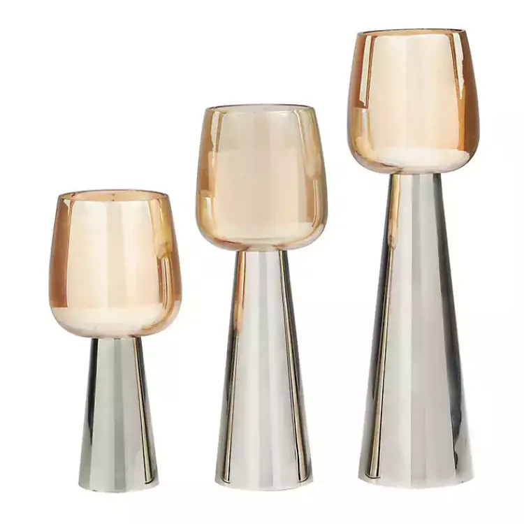 Candle Holders>Kirklands Home Modern Silver Base Glass 3-pc. Candle Holder Set