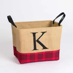 Baskets & Boxes>Kirklands Home Monogrammed K Red and Black Plaid Jute Bin