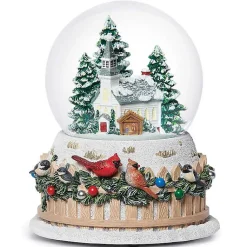 Christmas Decorations>Kirklands Home Musical Church and Birds on Fence Christmas Dome