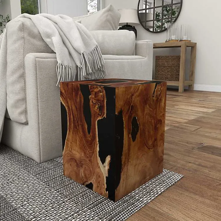 Kirklands Home Natural Abstract Teak Wood Grain Accent Table Brown