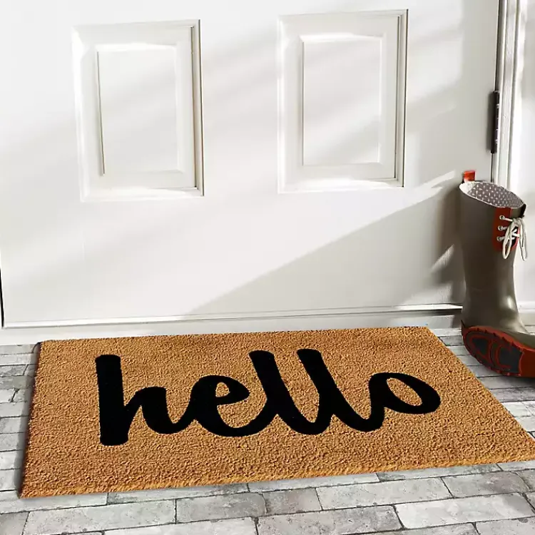 Kirklands Home Natural and Black Coir Hello Doormat, 36x24 in. New