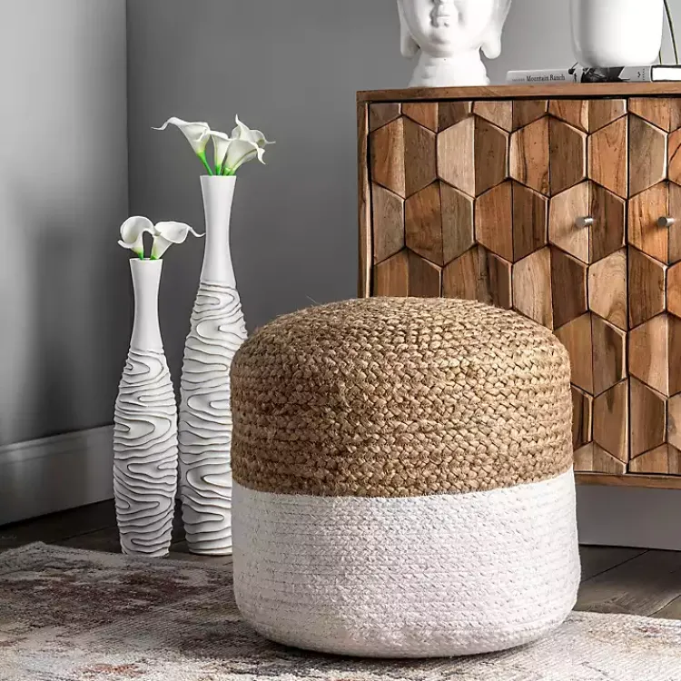 Poufs & Floor Cushions>Kirklands Home Natural and White Neely Jute Braided Pouf