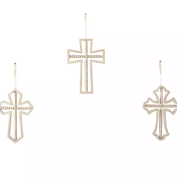 Kirklands Home Natural Beaded Wood Cross Wall Plaques, Set of 3 Tan Sale