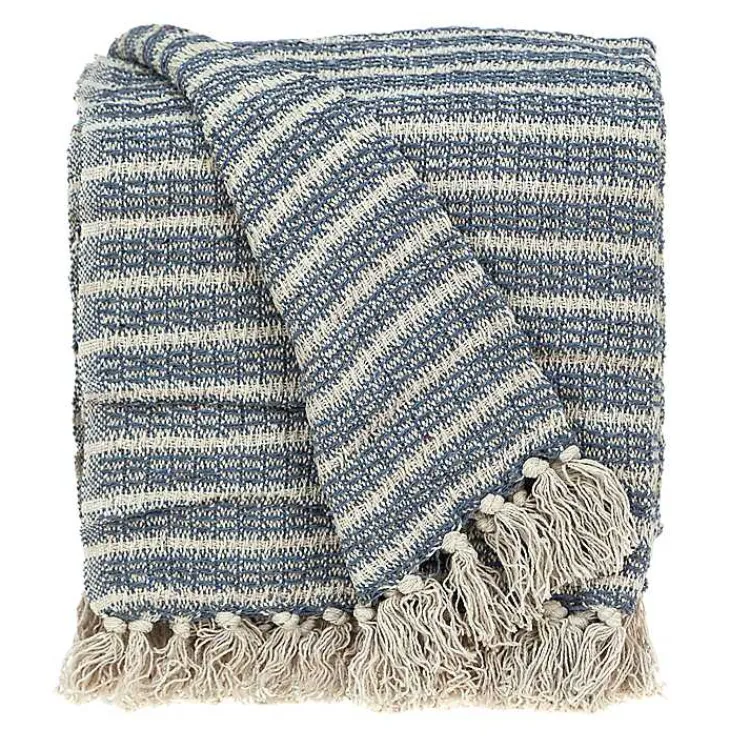 Blankets & Throws>Kirklands Home Natural Striped Woven Tassel Throw Blue