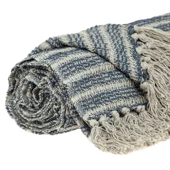Blankets & Throws>Kirklands Home Natural Striped Woven Tassel Throw Blue