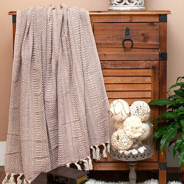Blankets & Throws>Kirklands Home Natural Striped Woven Tassel Throw Brown