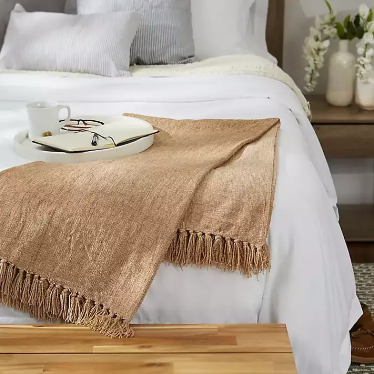 Blankets & Throws>Kirklands Home Natural Chenille Fringe Throw Tan