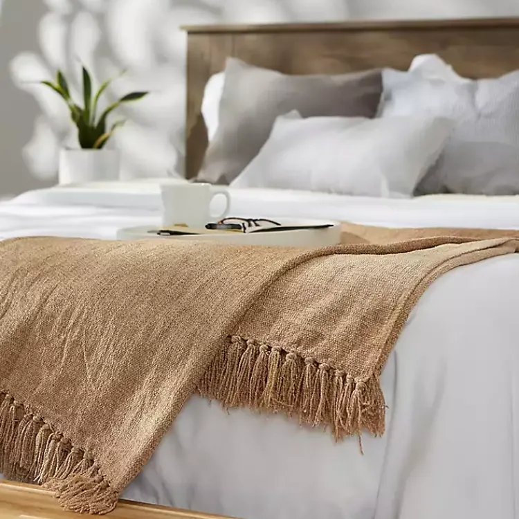 Blankets & Throws>Kirklands Home Natural Chenille Fringe Throw Tan