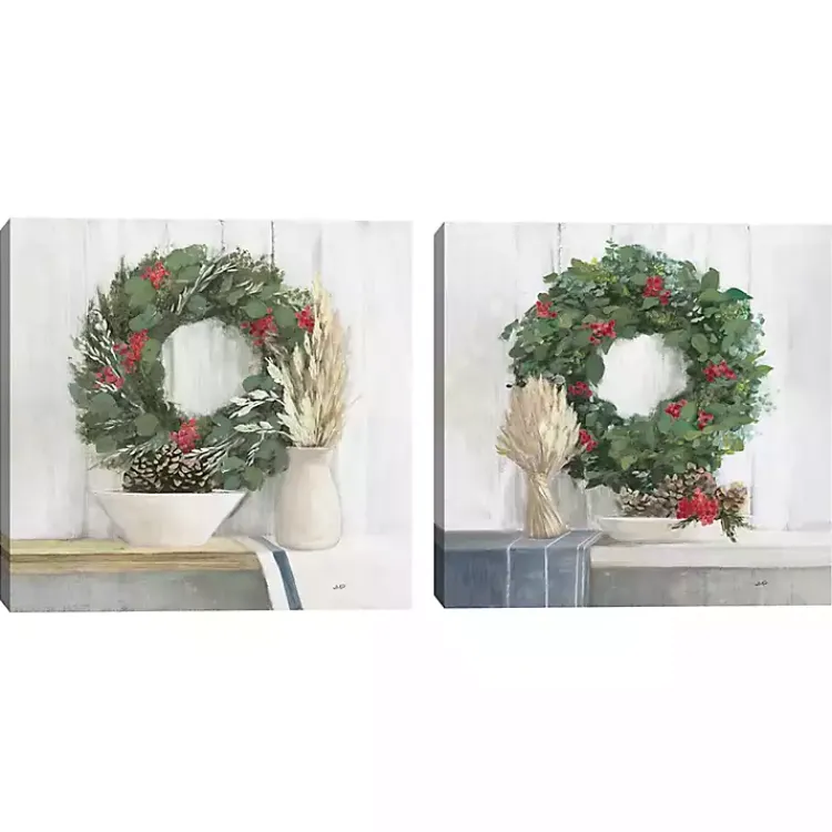 Christmas Art & Wall Decor>Kirklands Home Natural Christmas Wreaths Canvas Prints, Set of 2