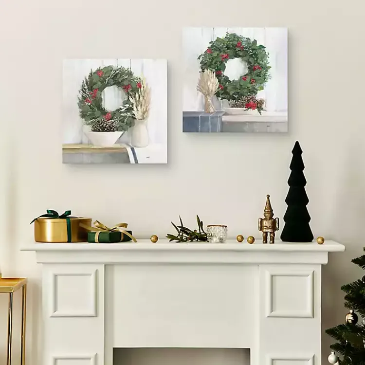Christmas Art & Wall Decor>Kirklands Home Natural Christmas Wreaths Canvas Prints, Set of 2