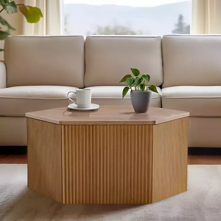 Kirklands Home Natural Fluted Hexagon Coffee Table Tan Outlet