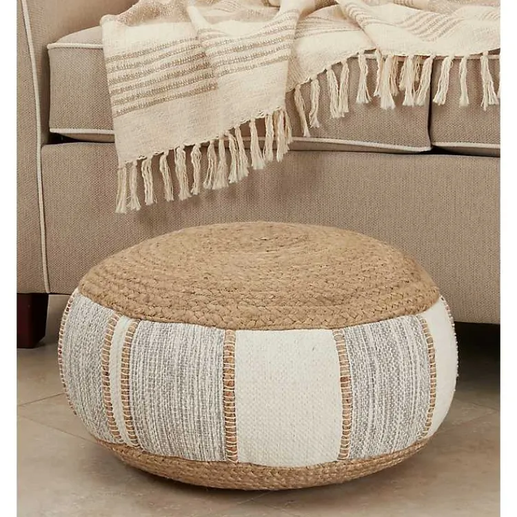 Poufs & Floor Cushions>Kirklands Home Natural Gray and White Striped Jute Pouf