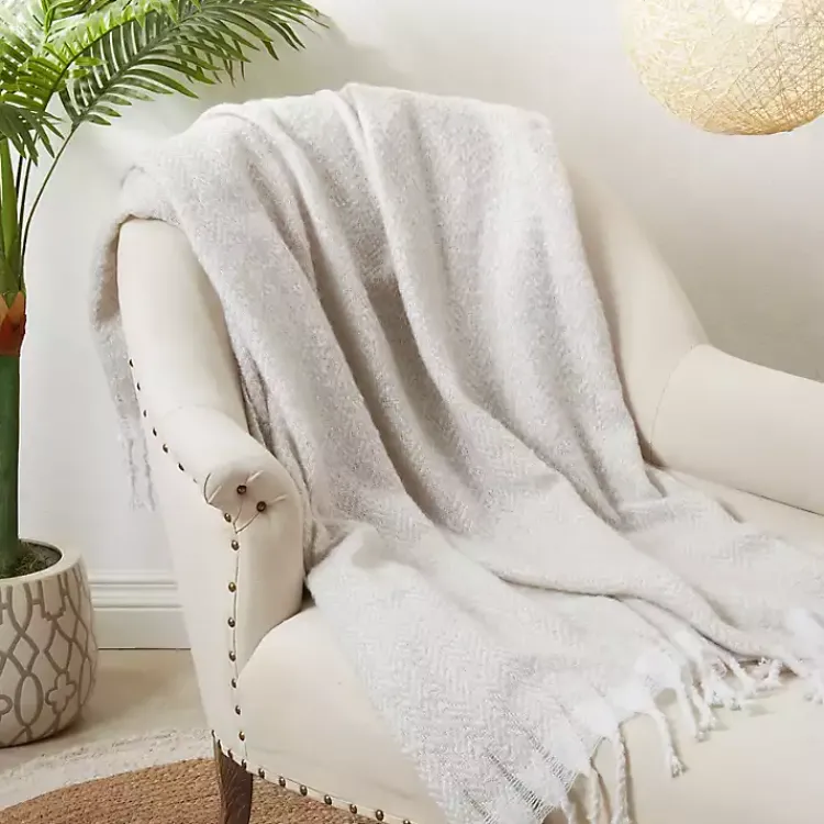 Blankets & Throws>Kirklands Home Natural Herringbone Faux Mohair Throw Ivory