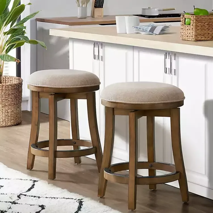 Kirklands Home Natural Linen Barrel Base Swivel Counter Stool Set Tan New