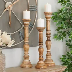 Candle Holders>Kirklands Home Natural Mango Wood Carved Candle Holders, Set of 3 Tan