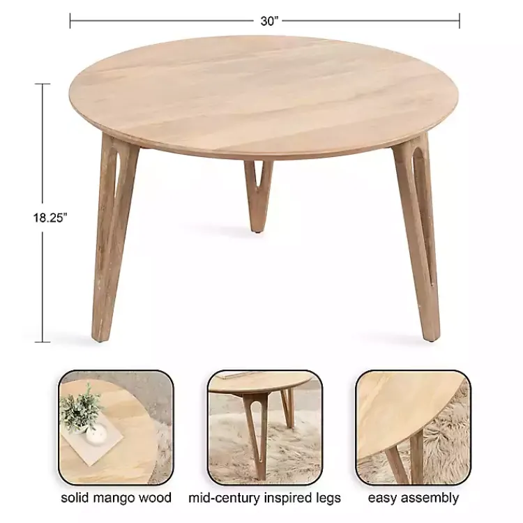 Kirklands Home Natural Mango Wood Round Kershaw Coffee Table Tan Clearance