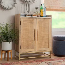 Kirklands Home Natural Marble Rattan Front Bar Cabinet